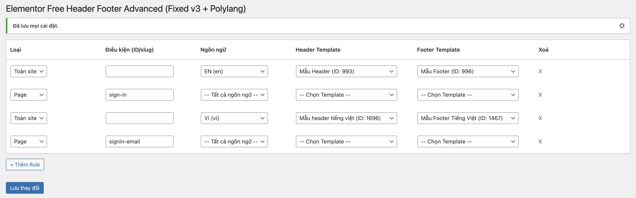 Plugin khai báo Header & Footer Elementor đa ngôn ngữ